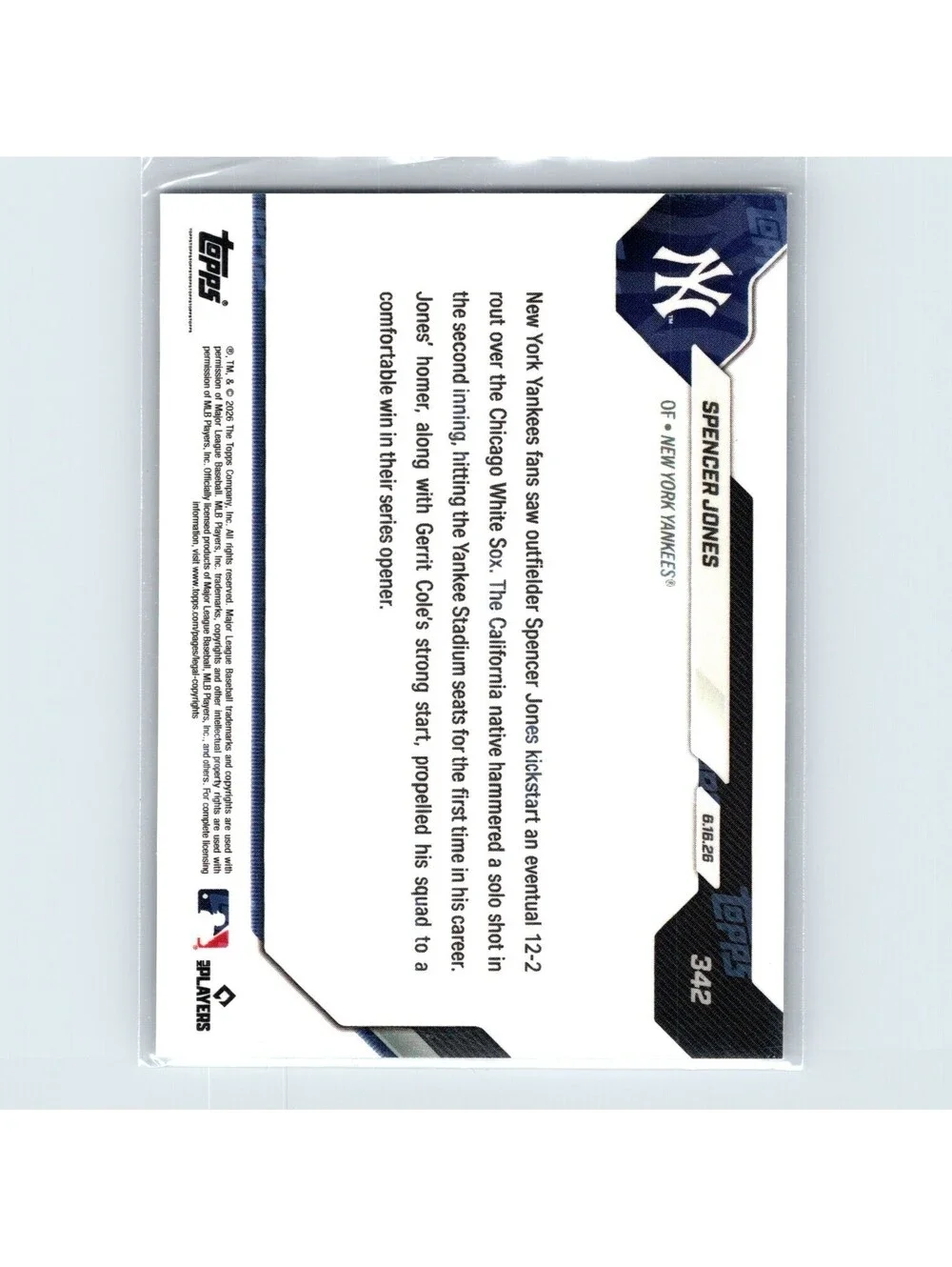 2026 Topps Now MLB Spencer Jones #342 1st Career Yankee Stadium HR /2702 Yankees